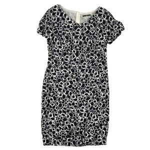 HUGO BOSS Dress US 10 Silk Black White Navy Geometric-Print Short-Sleeve Zip
